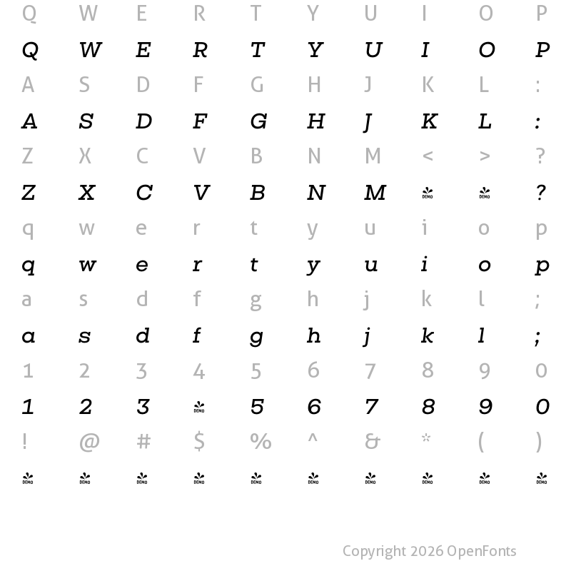 Character Map of FONTSPRING DEMO - Vicky SemiBold Italic