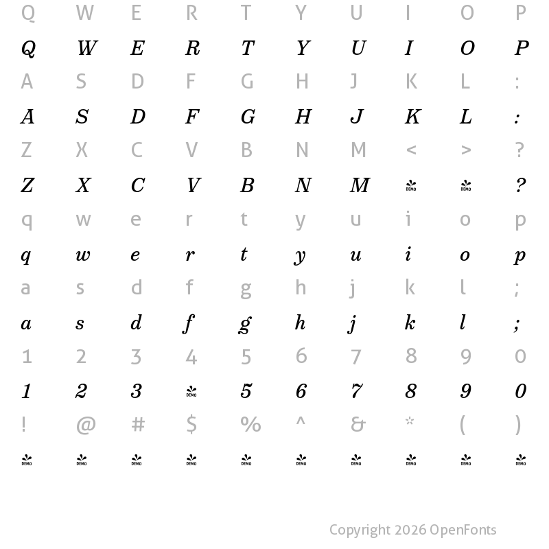 Character Map of FONTSPRING DEMO - Victorian Orchid Book Italic