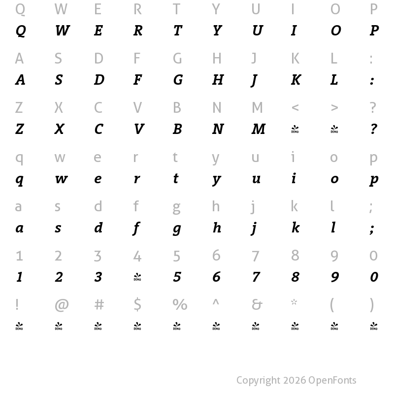 Character Map of FONTSPRING DEMO - VigorDT SemiBold Italic