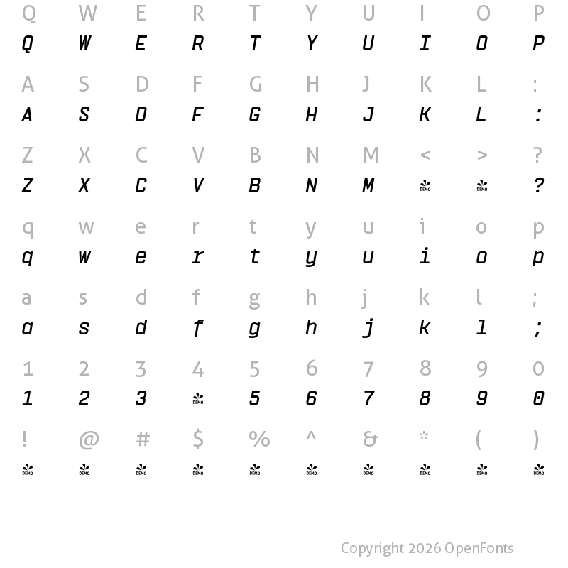 Character Map of FONTSPRING DEMO - Vin Mono Pro SemBd Italic