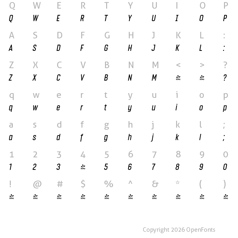 Character Map of FONTSPRING DEMO - Vin Sans Pro Med Italic