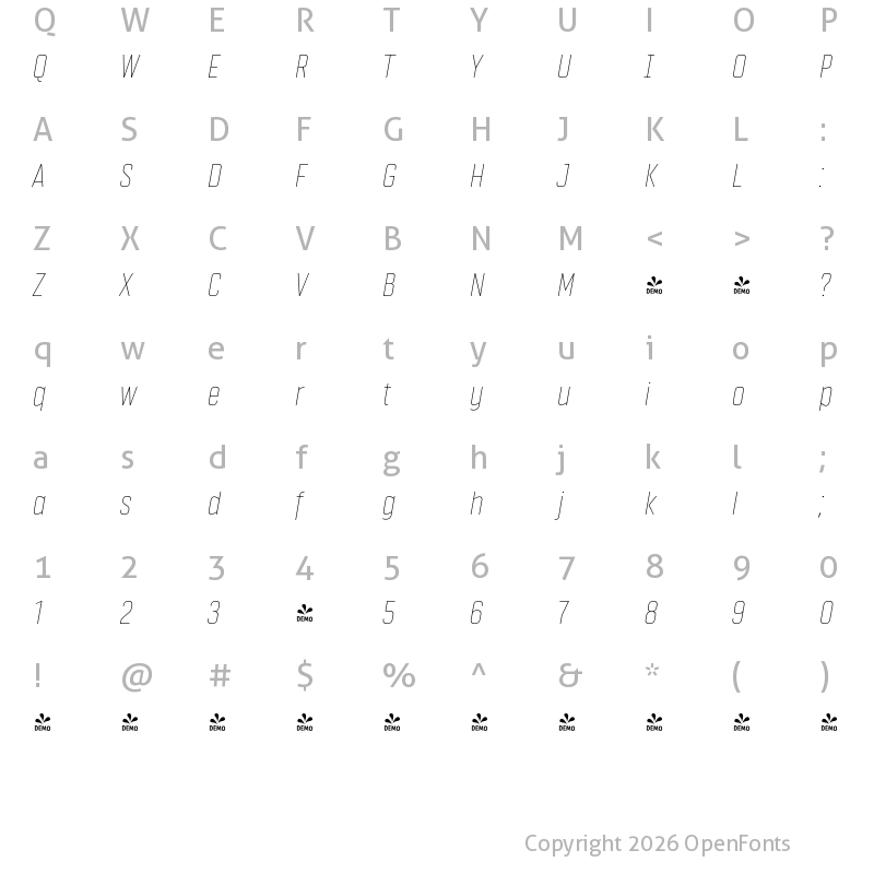 Character Map of FONTSPRING DEMO - Vin Sans Pro Thin Italic