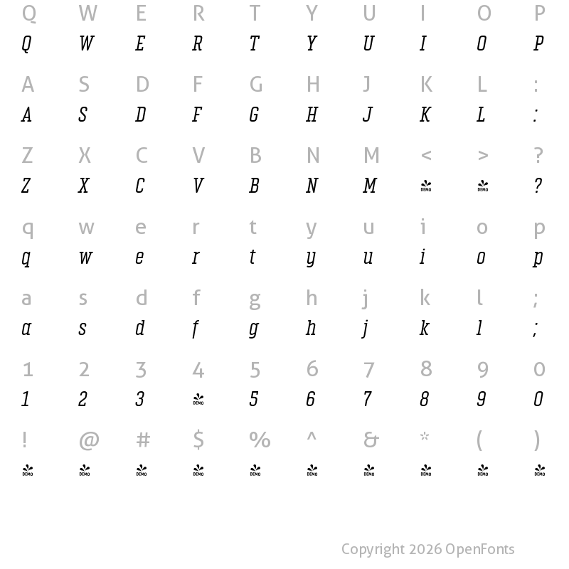 Character Map of FONTSPRING DEMO - Vin Slab Pro Italic