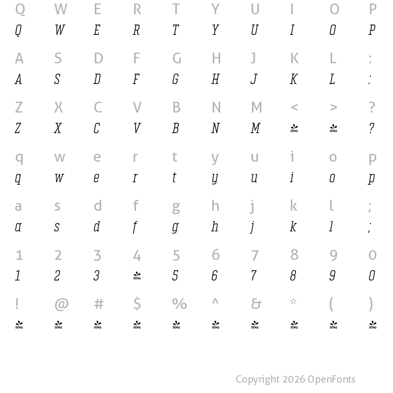 Character Map of FONTSPRING DEMO - Vin Slab Pro Light Italic