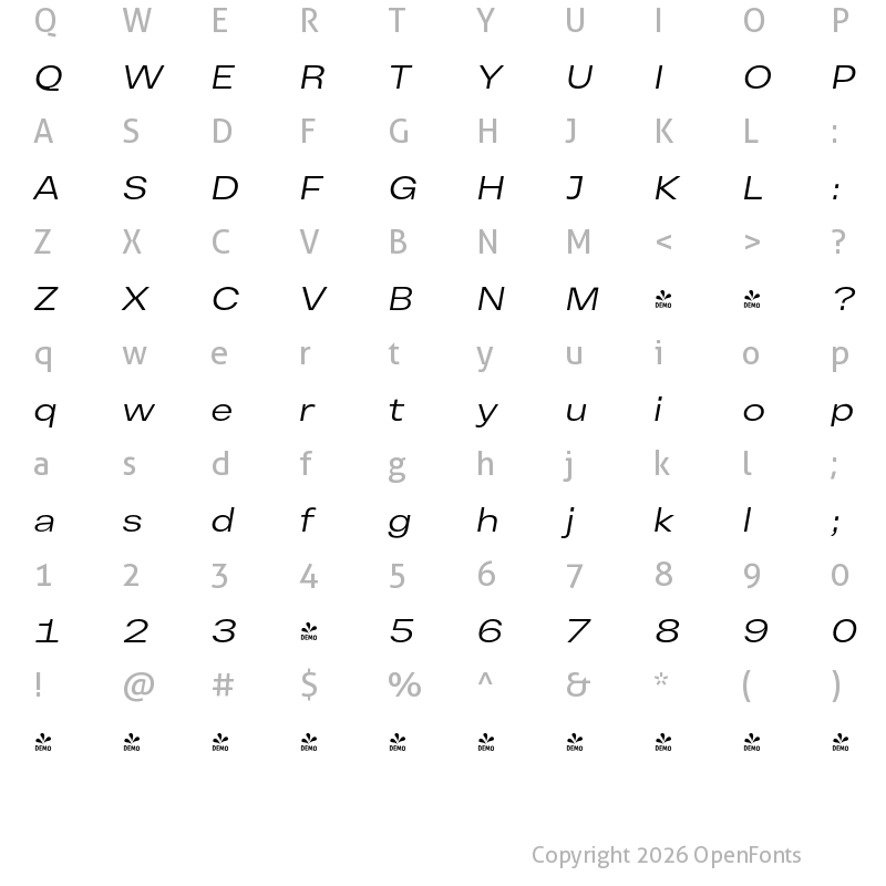 Character Map of FONTSPRING DEMO - Vinila Extended Light Italic