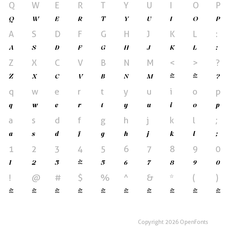 Character Map of FONTSPRING DEMO - Viory Bold Italic