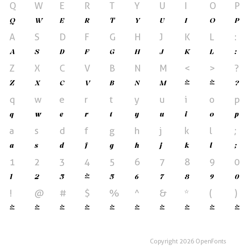 Character Map of FONTSPRING DEMO - Viory ExtBd Italic