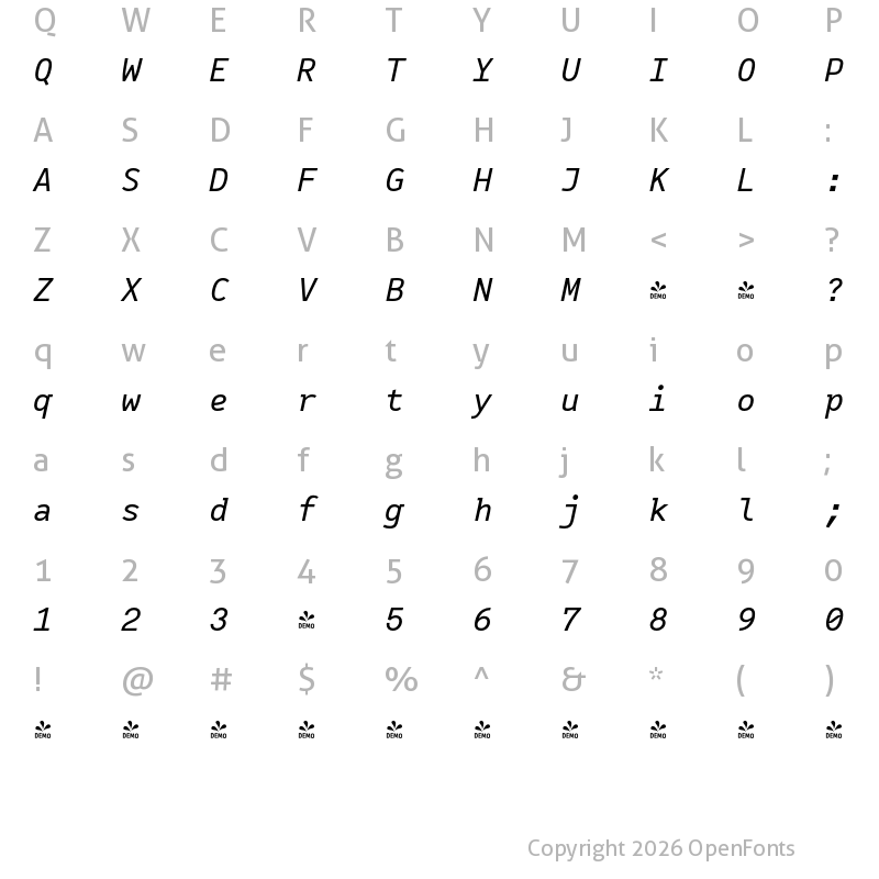 Character Map of FONTSPRING DEMO - Vivala Code Italic Regular