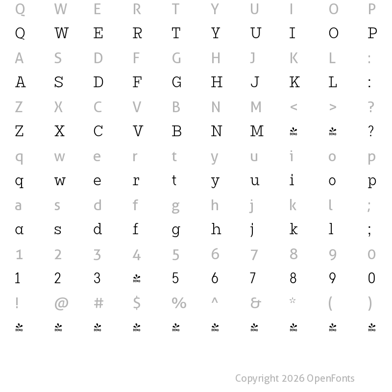 Character Map of FONTSPRING DEMO - Vivala G-Slab Normal Condensed Regular