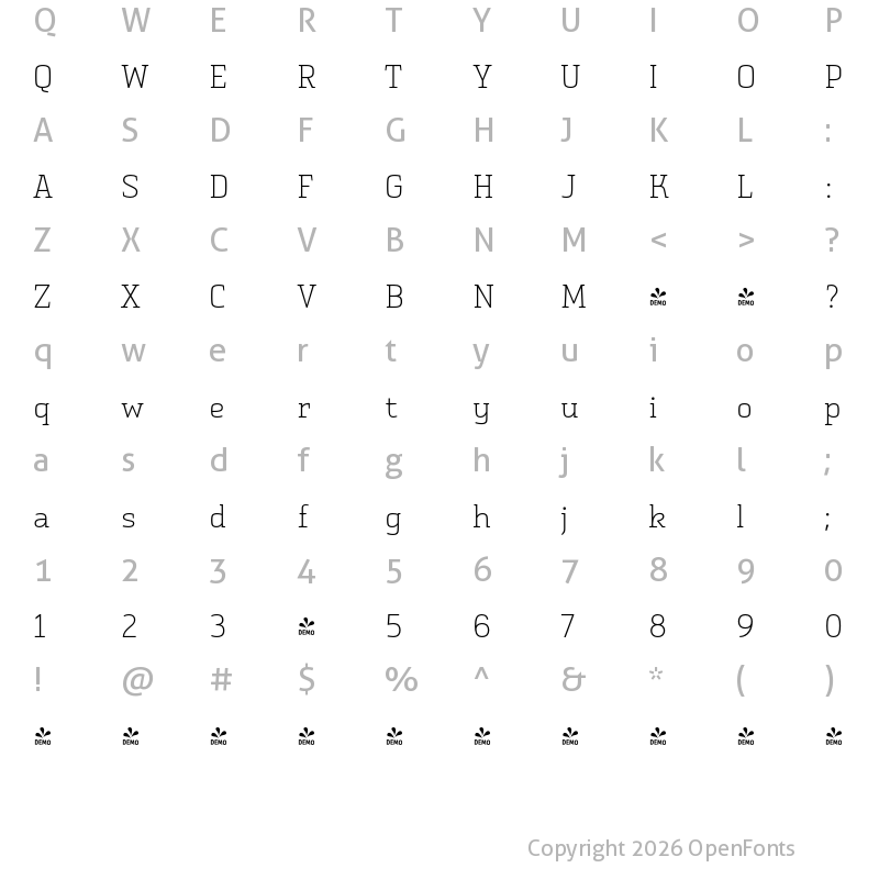 Character Map of FONTSPRING DEMO - Vivala Slab ExtraLight Regular