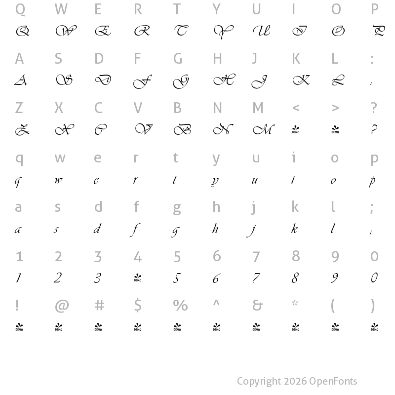 Character Map of FONTSPRING DEMO - Vivaldi Script FS Regular