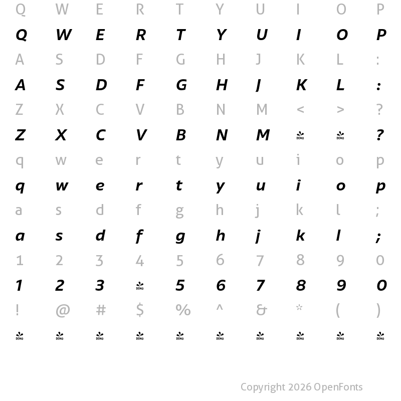 Character Map of FONTSPRING DEMO - Vocal BoldItalic Regular
