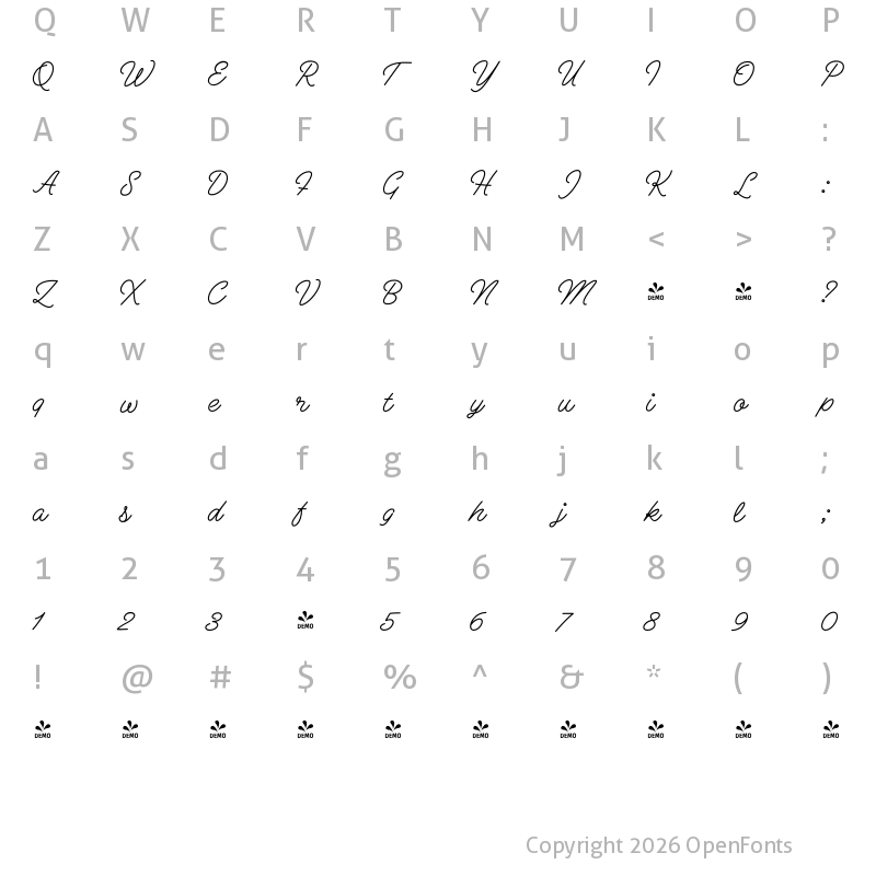 Character Map of FONTSPRING DEMO - Vodka Pen Regular