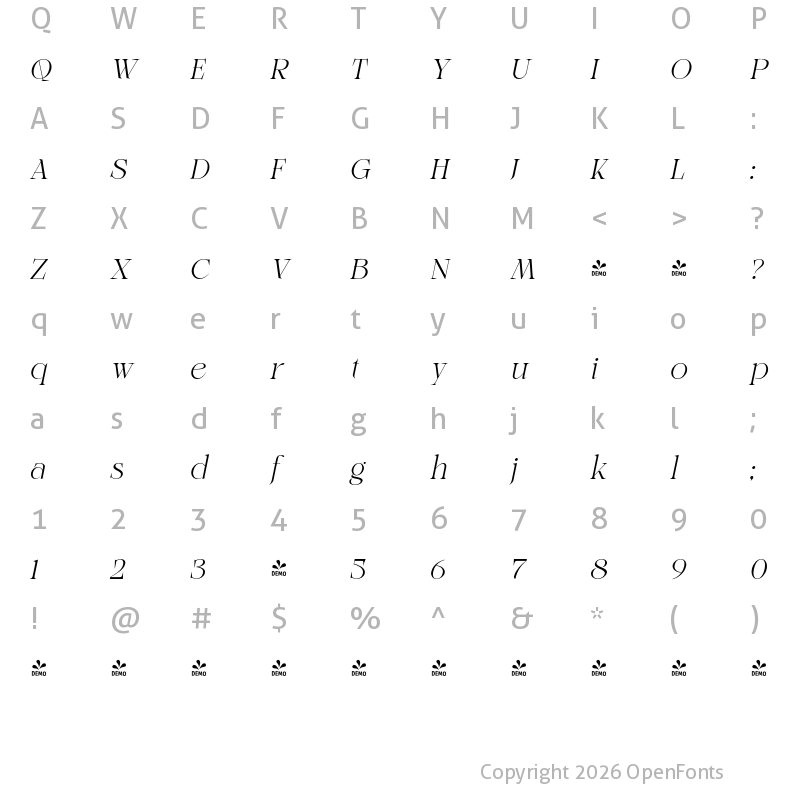 Character Map of FONTSPRING DEMO - Voger Italic