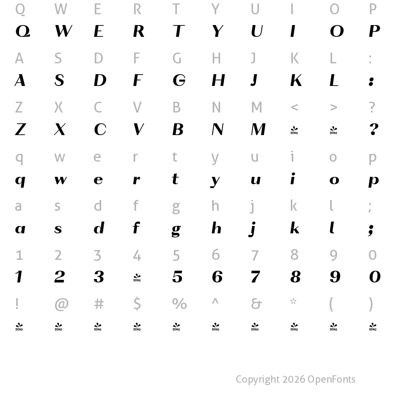 Character Map of FONTSPRING DEMO - VolkoSans Display Black Italic Regular