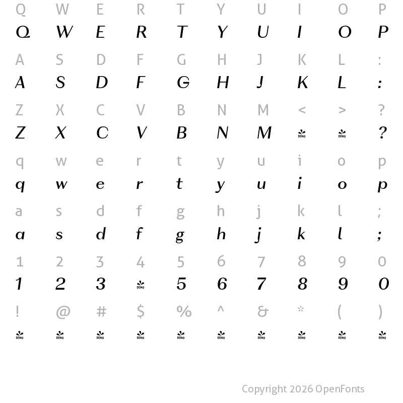 Character Map of FONTSPRING DEMO - VolkoSans Display Italic