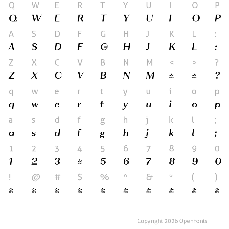 Character Map of FONTSPRING DEMO - VolkoSans Display Medium Italic Regular