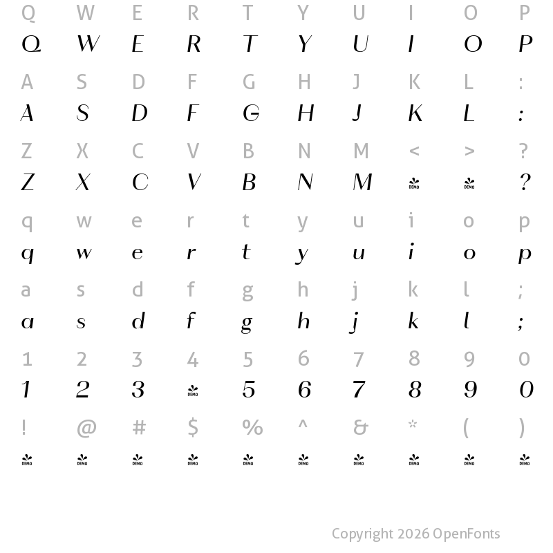 Character Map of FONTSPRING DEMO - VolkoSans Poster Light Italic Regular