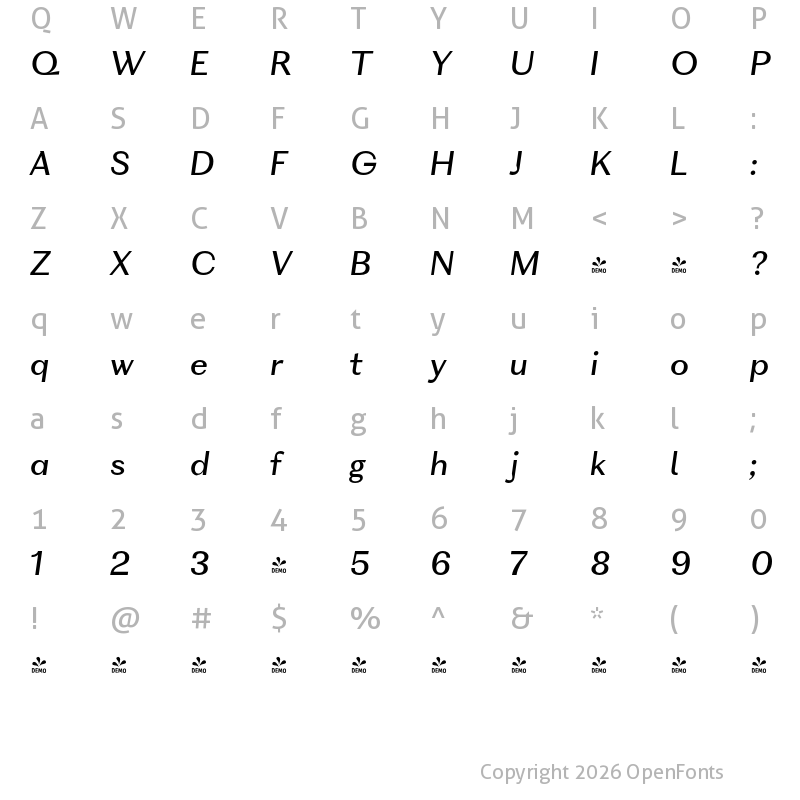 Character Map of FONTSPRING DEMO - VolkoSans Text Light Italic Regular