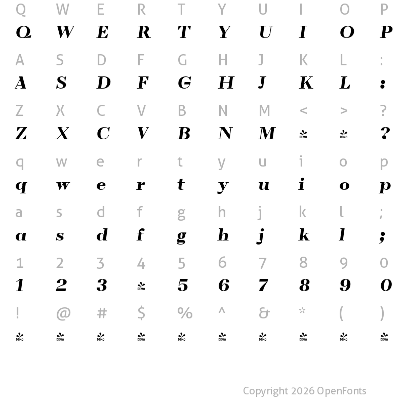 Character Map of FONTSPRING DEMO - VolkoSerif Display Black Italic Regular