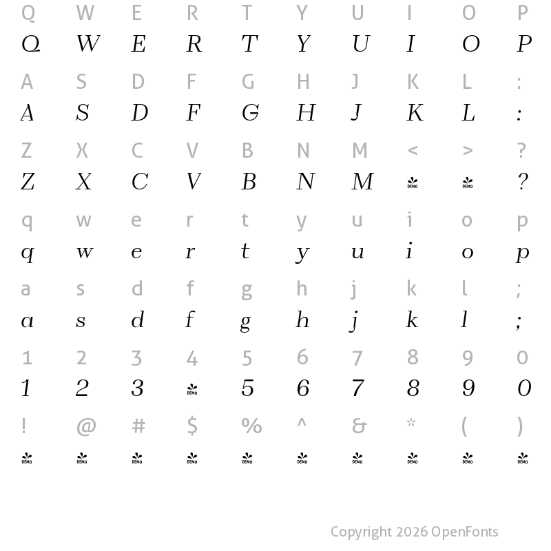 Character Map of FONTSPRING DEMO - VolkoSerif Display UltLi Italic Regular