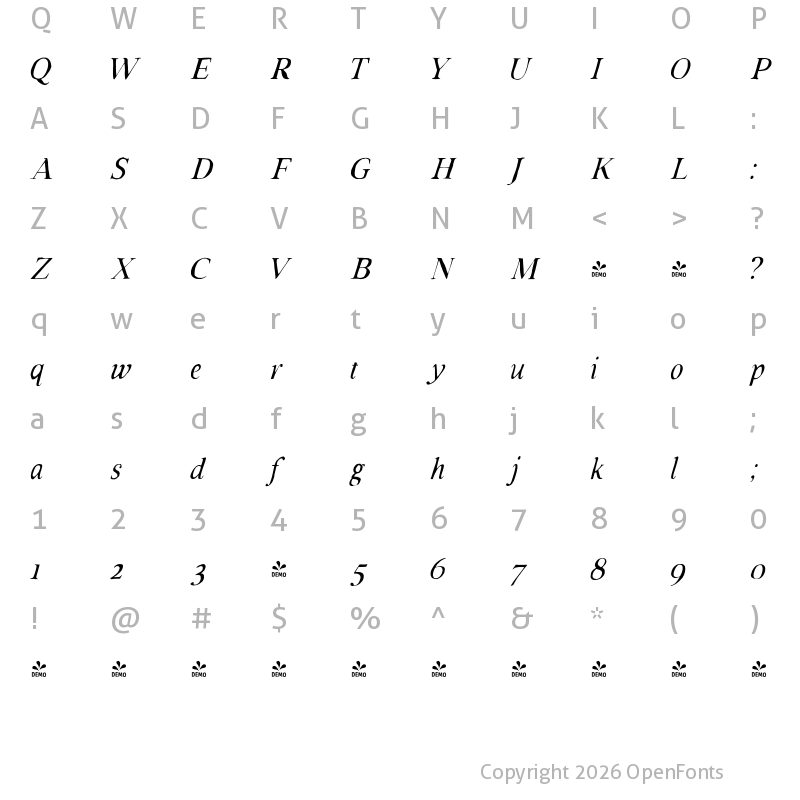 Character Map of FONTSPRING DEMO - VolumeTC-RusticSolidItalicLight Rustic Solid Italic Light