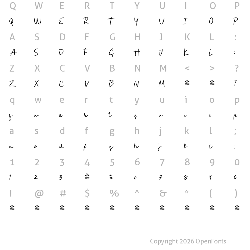 Character Map of FONTSPRING DEMO - VolumeTCScript-Light Regular