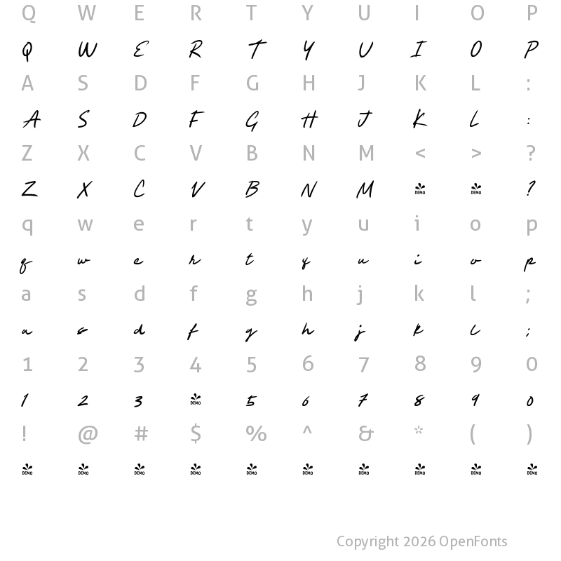 Character Map of FONTSPRING DEMO - VolumeTCScript-RegularItalic Regular