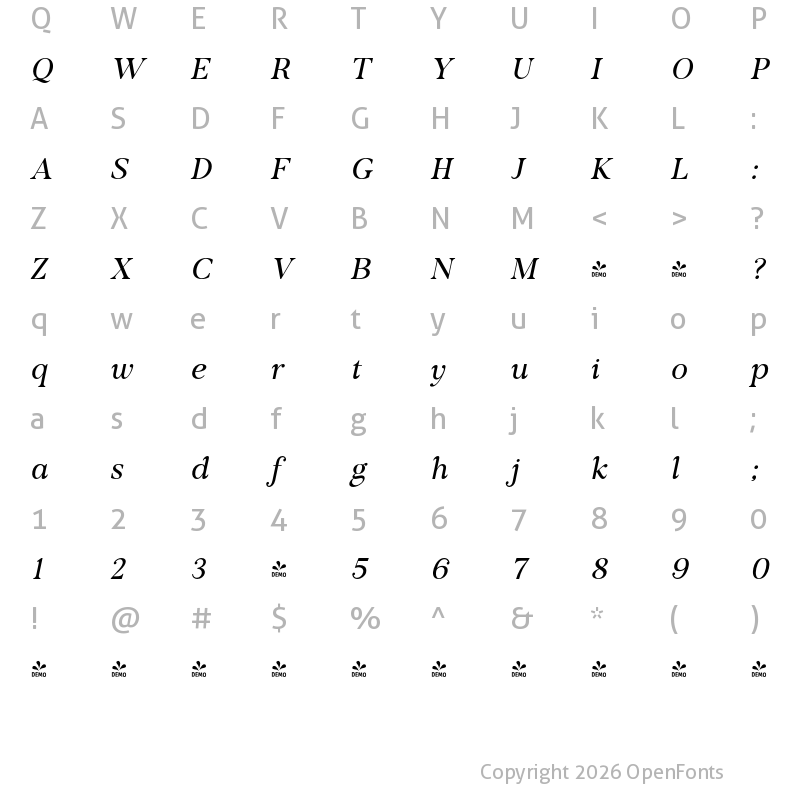 Character Map of FONTSPRING DEMO - Voster Noise Italic