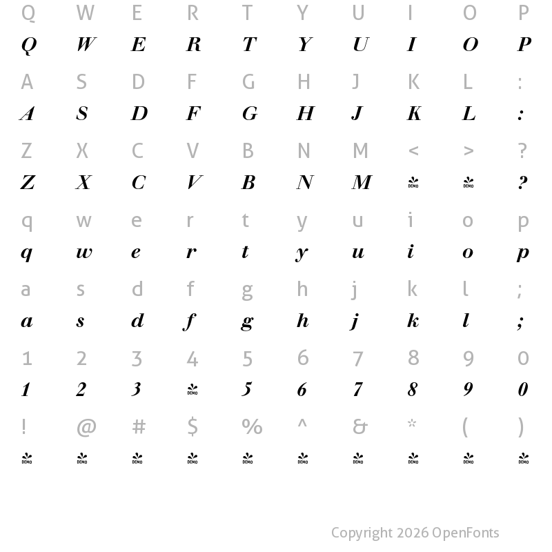 Character Map of FONTSPRING DEMO - Walbaum FS Medium Italic