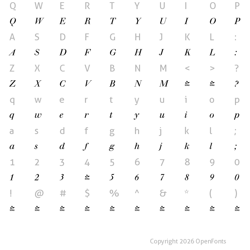 Character Map of FONTSPRING DEMO - Walbaum Original Pro Italic