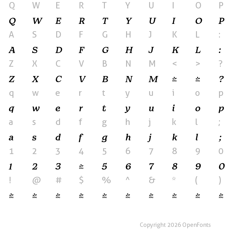 Character Map of FONTSPRING DEMO - Walden Italic Regular