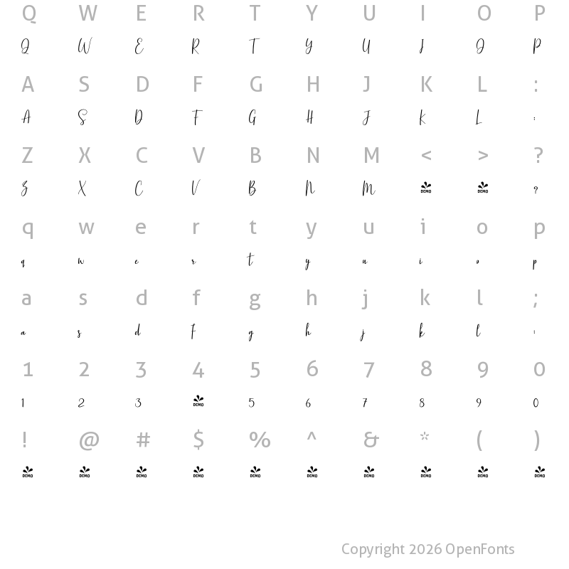 Character Map of FONTSPRING DEMO - Wapstina Love Script Regular