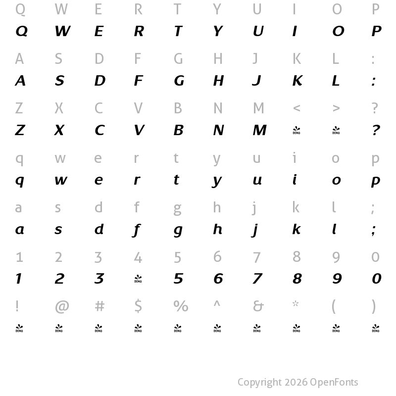 Character Map of FONTSPRING DEMO - Waratah Gothic Italic