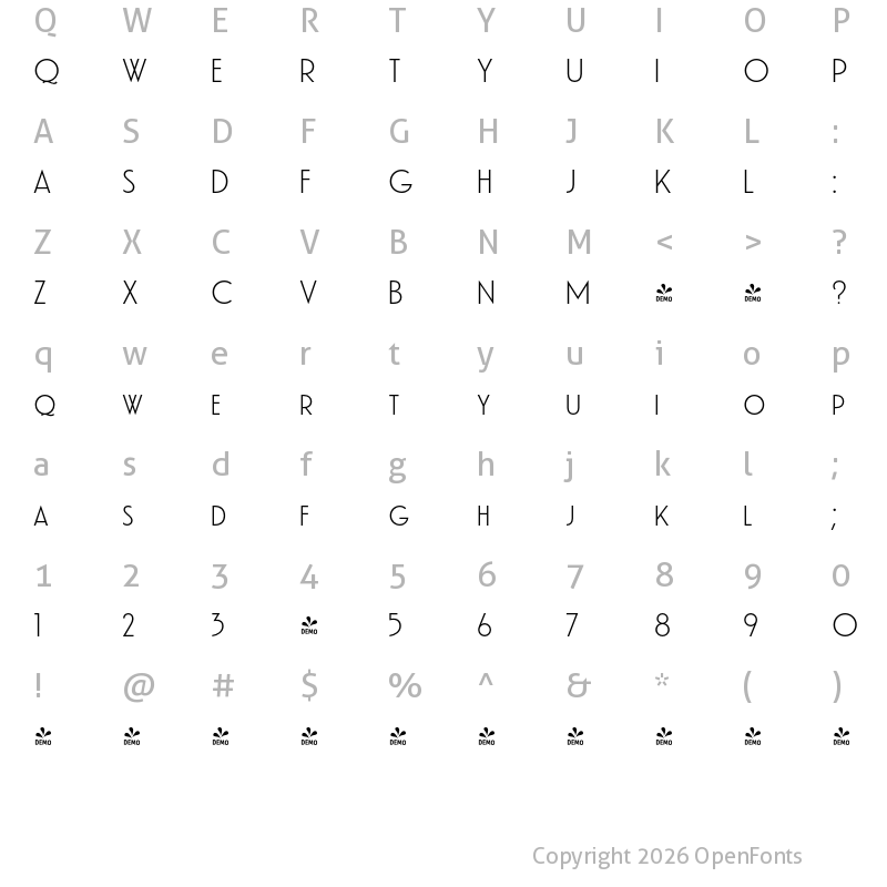 Character Map of FONTSPRING DEMO - Waverly CF Light Regular