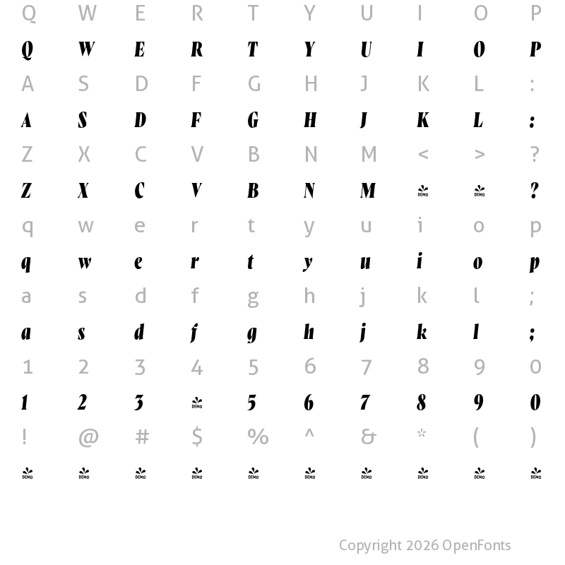 Character Map of FONTSPRING DEMO - Wayfinder CF Extra Bold Italic