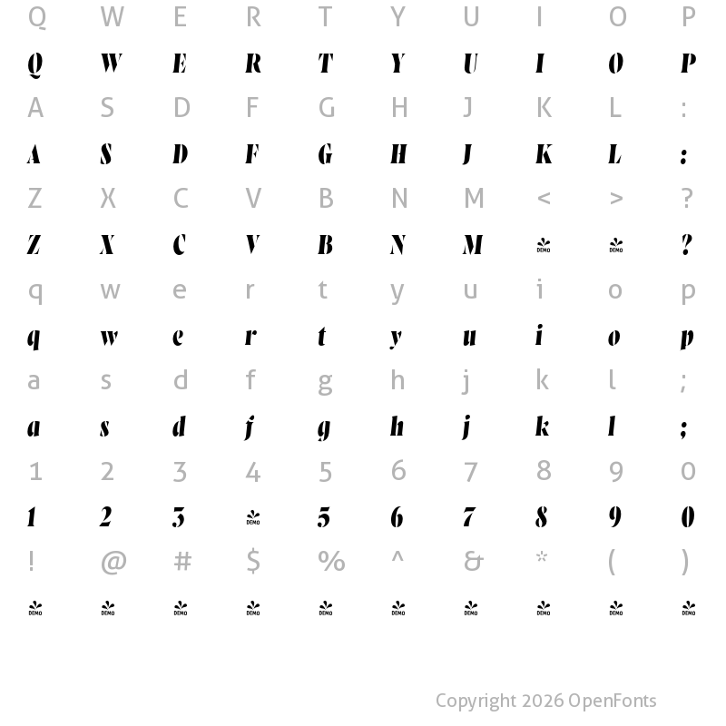 Character Map of FONTSPRING DEMO - Wayfinder Stencil CF Extra Bold Italic