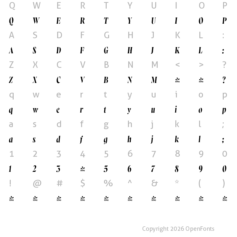 Character Map of FONTSPRING DEMO - Wayfinder Stencil CF Italic
