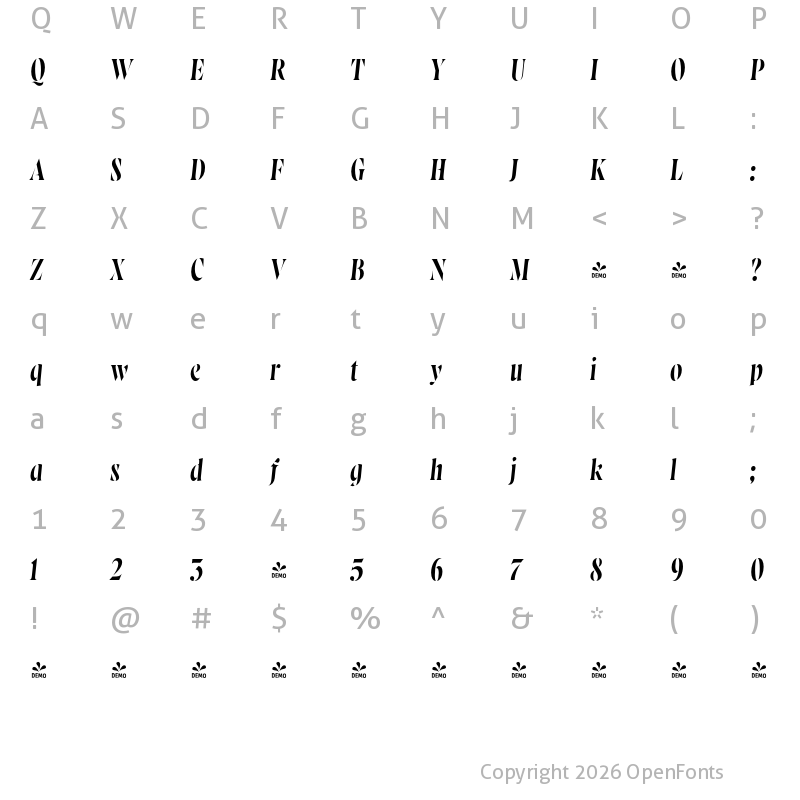 Character Map of FONTSPRING DEMO - Wayfinder Stencil CF Light Italic