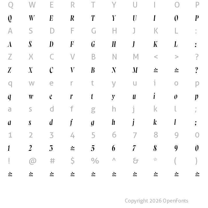 Character Map of FONTSPRING DEMO - Wayfinder Stencil CF Thin Italic