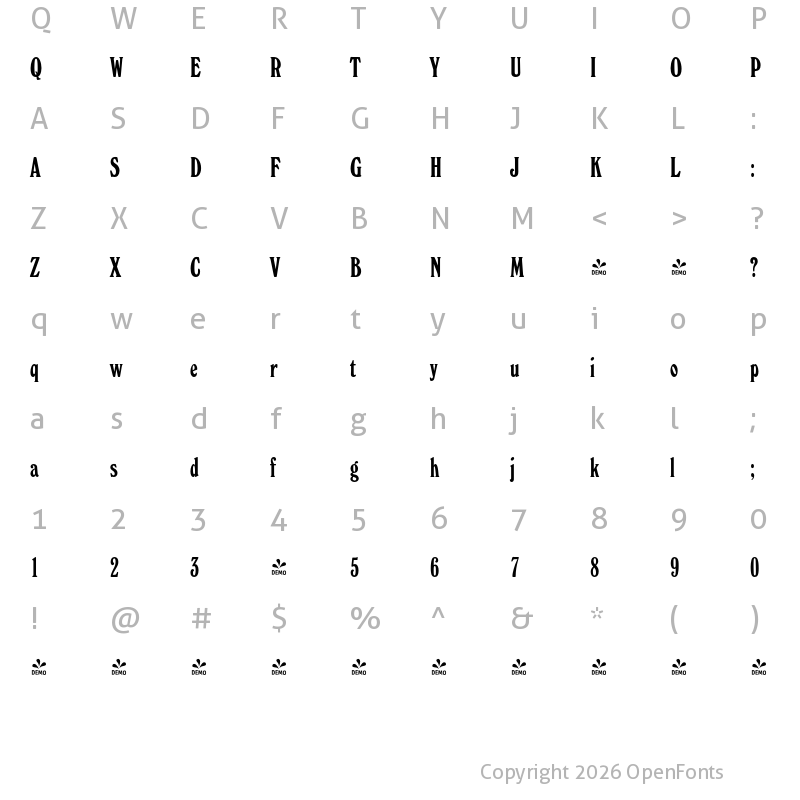 Character Map of FONTSPRING DEMO - Whitehall Elongated Pro Regular
