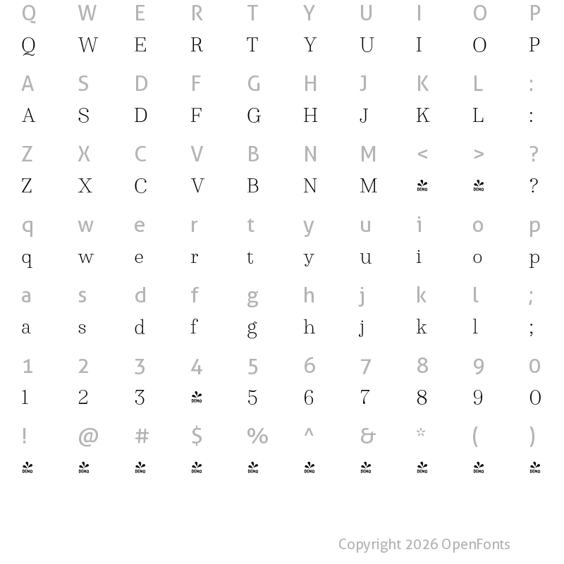 Character Map of FONTSPRING DEMO - Winslow Book Hairline Regular