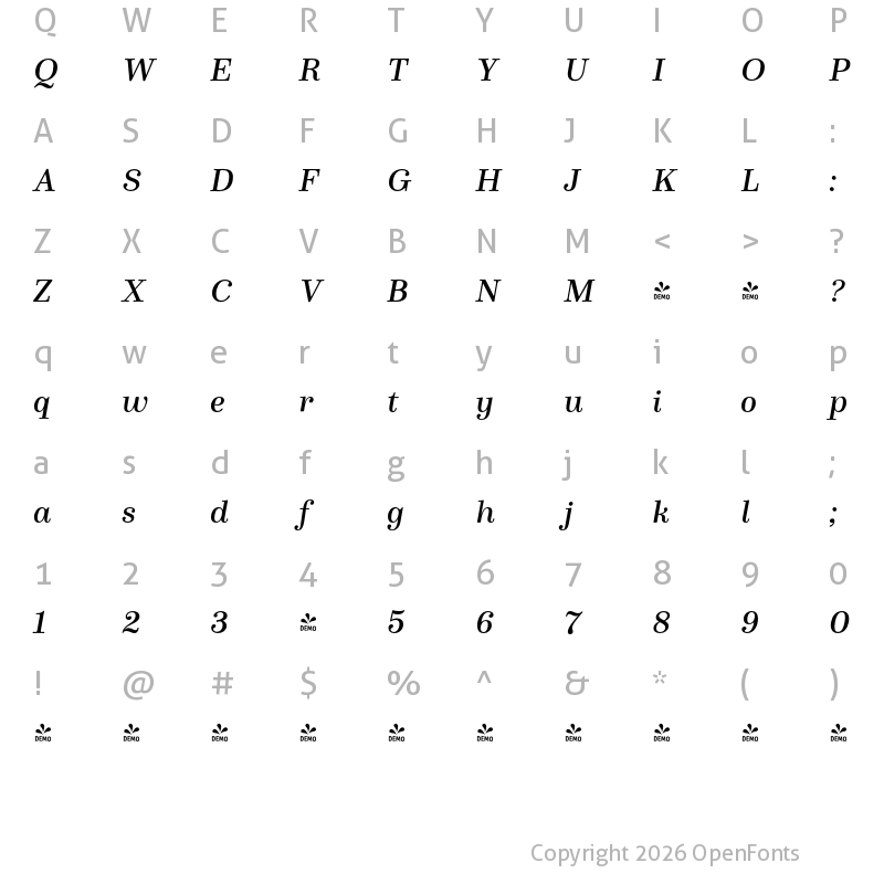 Character Map of FONTSPRING DEMO - Winslow Book SemiBold Italic Italic