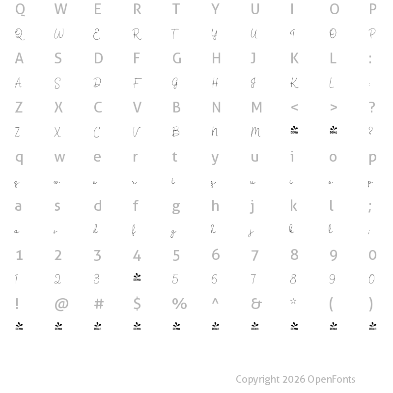 Character Map of FONTSPRING DEMO - Winslow Script Medium Regular