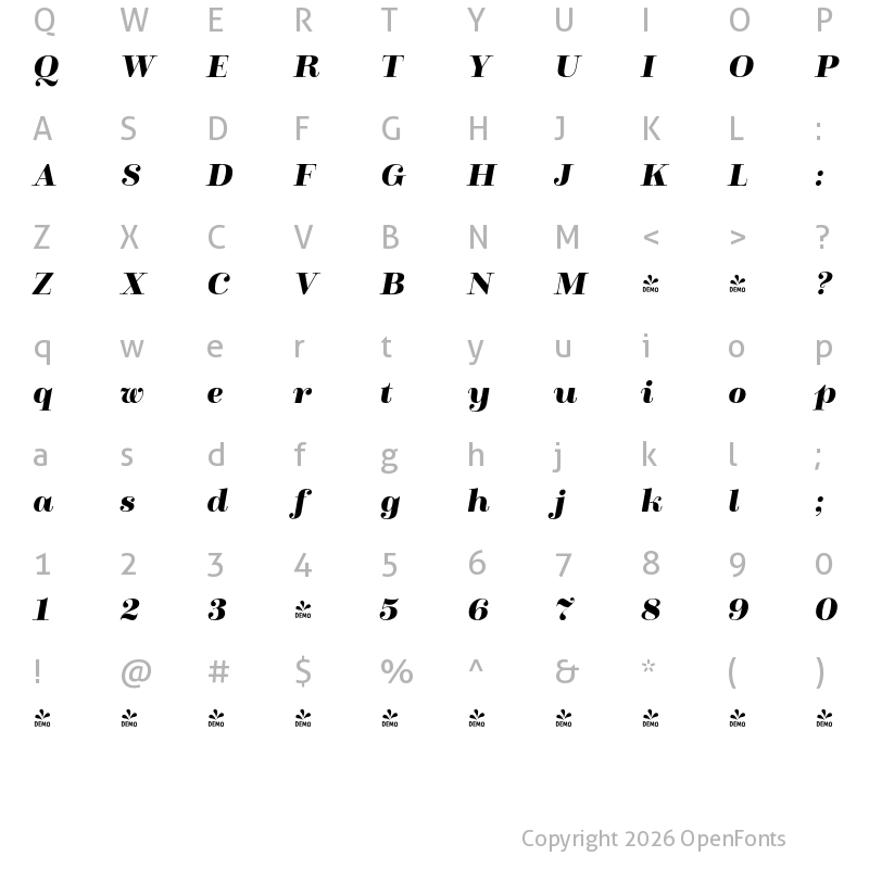 Character Map of FONTSPRING DEMO - Winslow Title Black Italic Regular