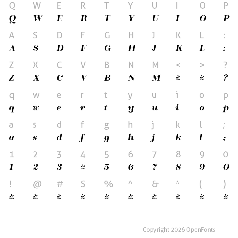 Character Map of FONTSPRING DEMO - Winslow Title Bold Italic