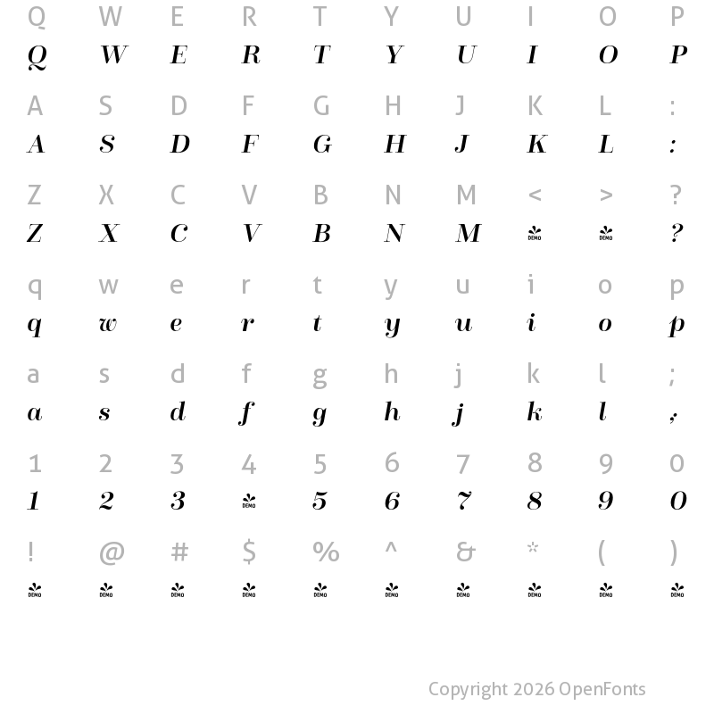 Character Map of FONTSPRING DEMO - Winslow Title Medium Italic Regular