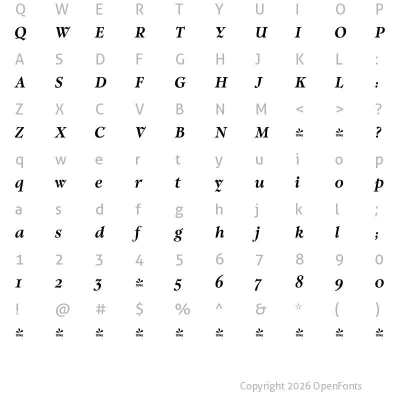 Character Map of FONTSPRING DEMO - Witchcraft Bold Italic