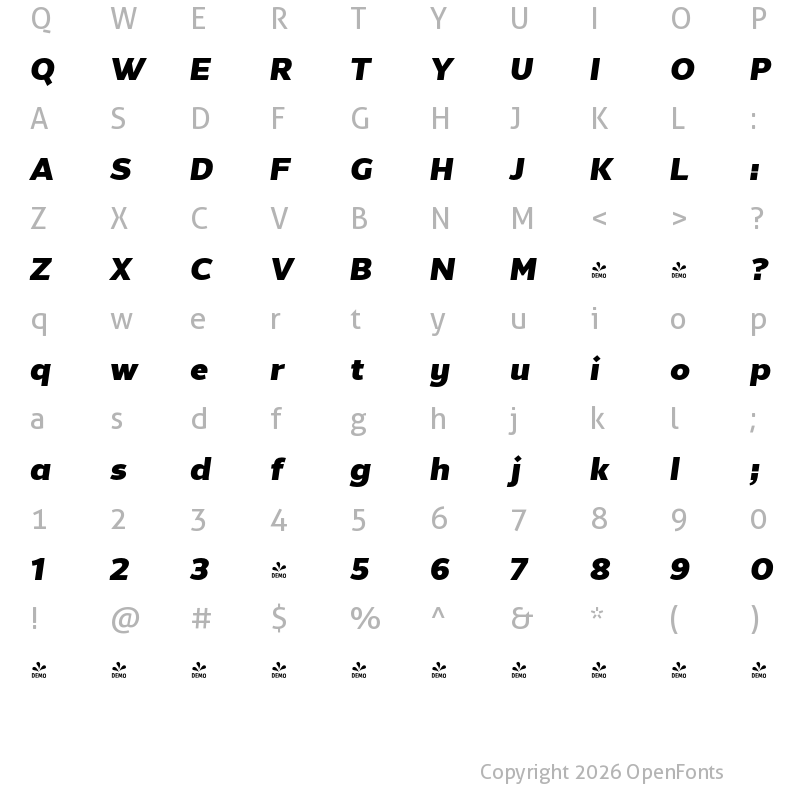 Character Map of FONTSPRING DEMO - Without Alt Sans Black Italic Regular