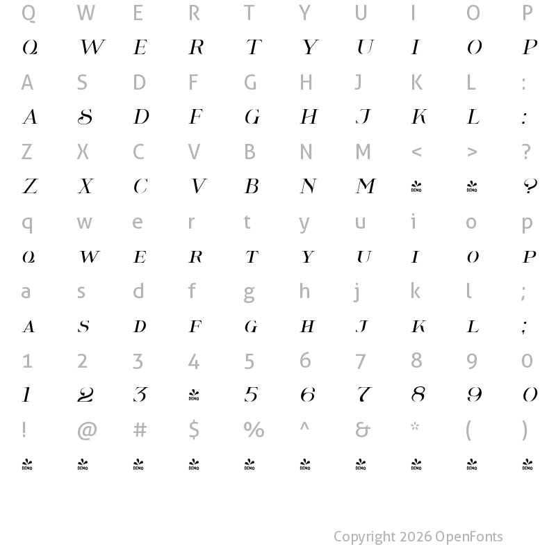 Character Map of FONTSPRING DEMO - Wolverton No.2 Oblique Regular